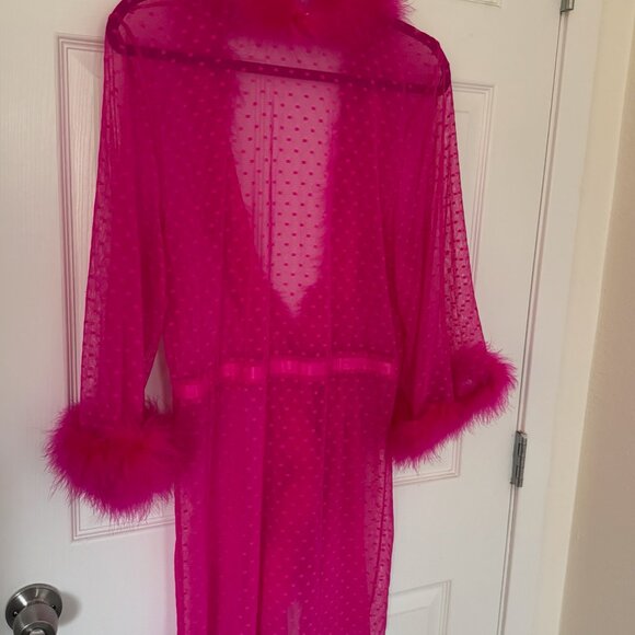 Betsey Johnson Pink Sheer Robe with Feather Boa Trim - Picture 2 of 11